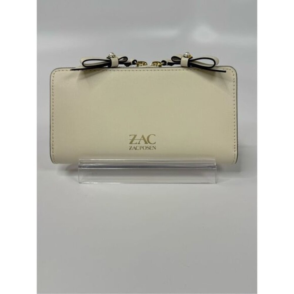 ZAC POSEN Eartha Mini Bow Zipper Leather Continental Wallet Cream NWT